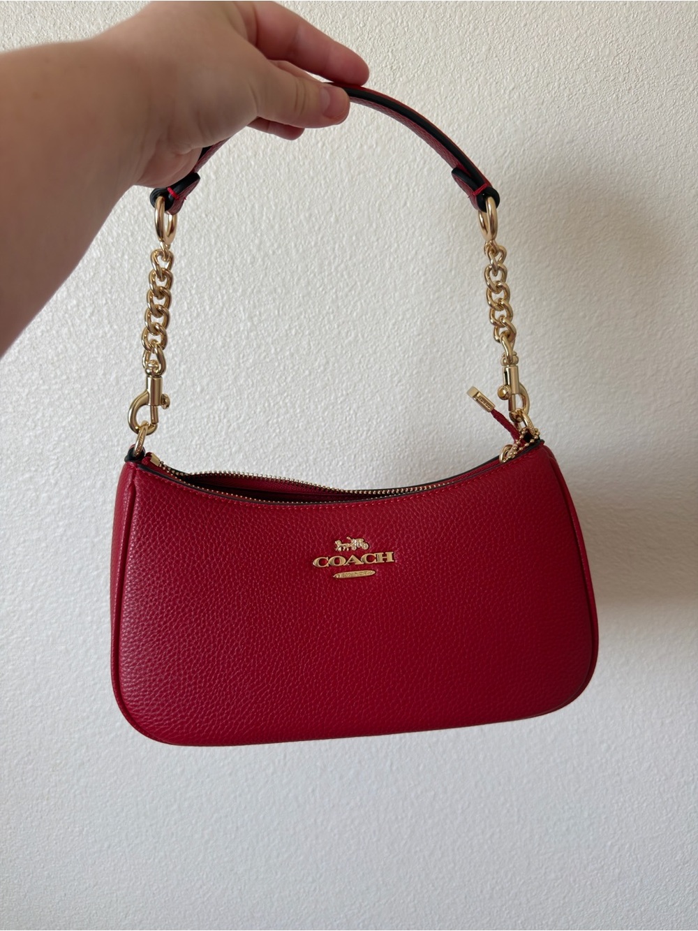 Coach Red Pebbled Leather Shoulder Bag with Gold Chain Strap